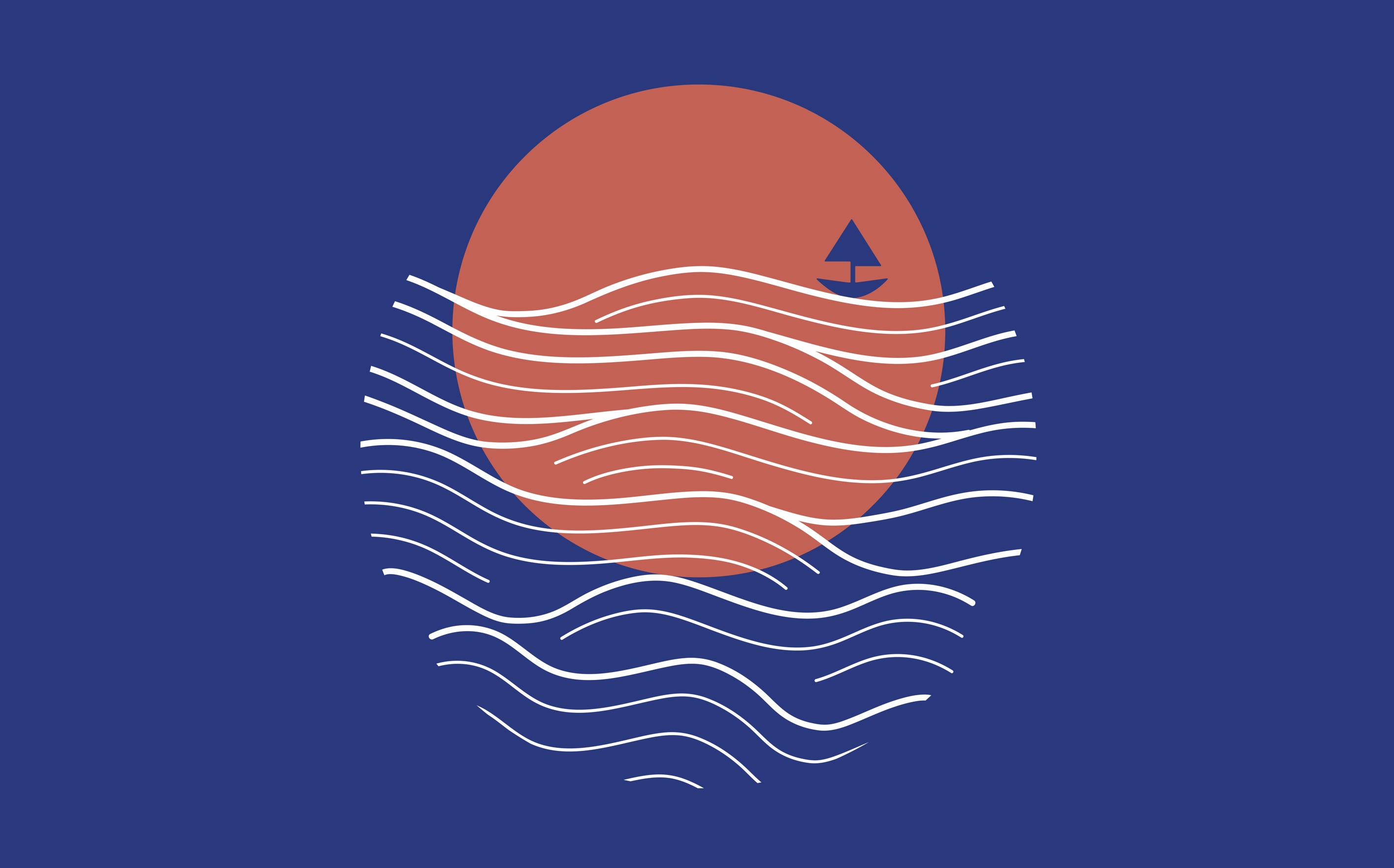 Dark blue flag with orange sun, white waves, and a blue boat